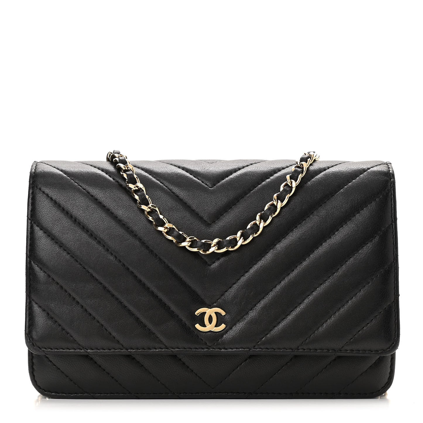 Lambskin Chevron Quilted Wallet On Chain WOC Black