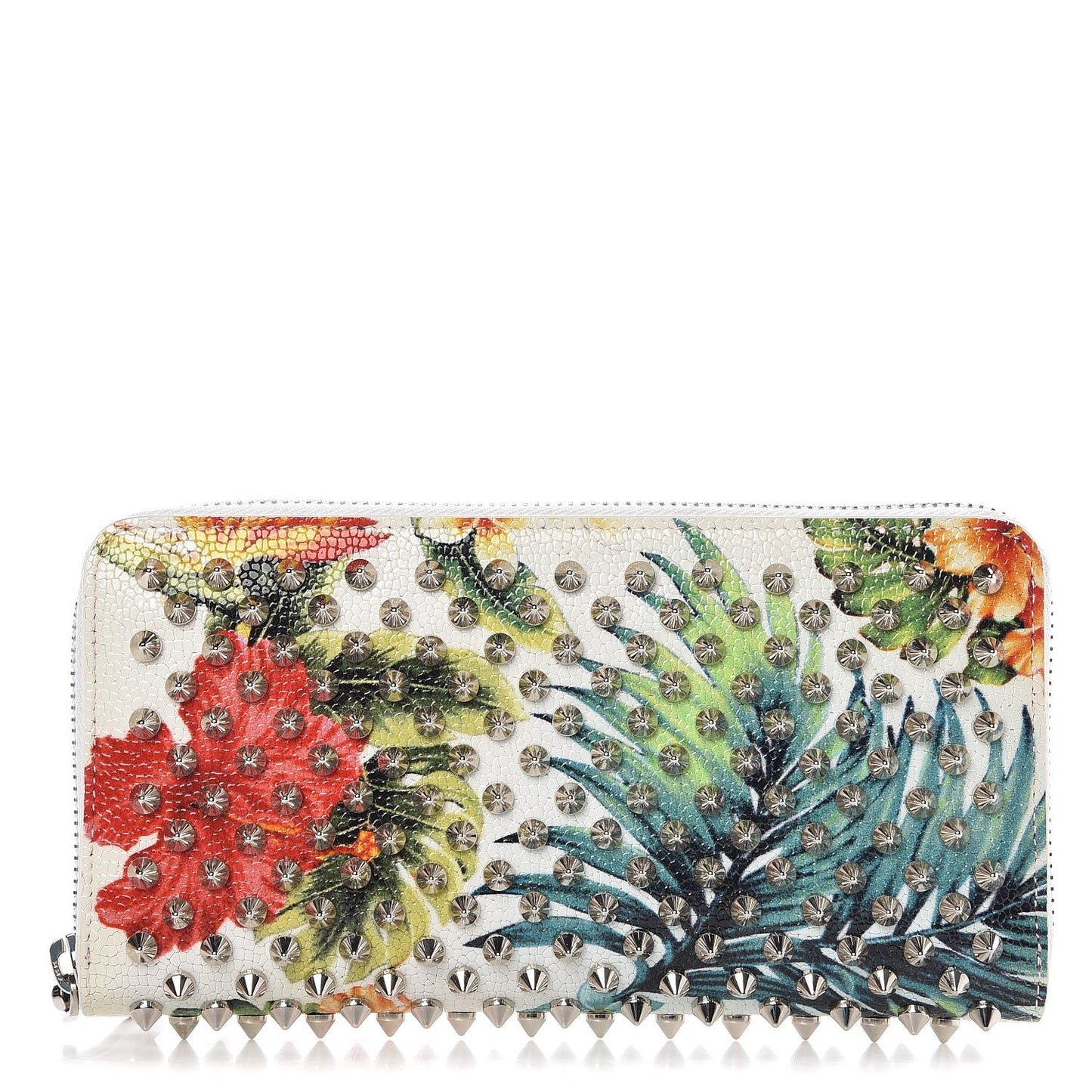 Crackled Calfskin Hawaii Print Panettone Spikes Zip Around Wallet White Silver