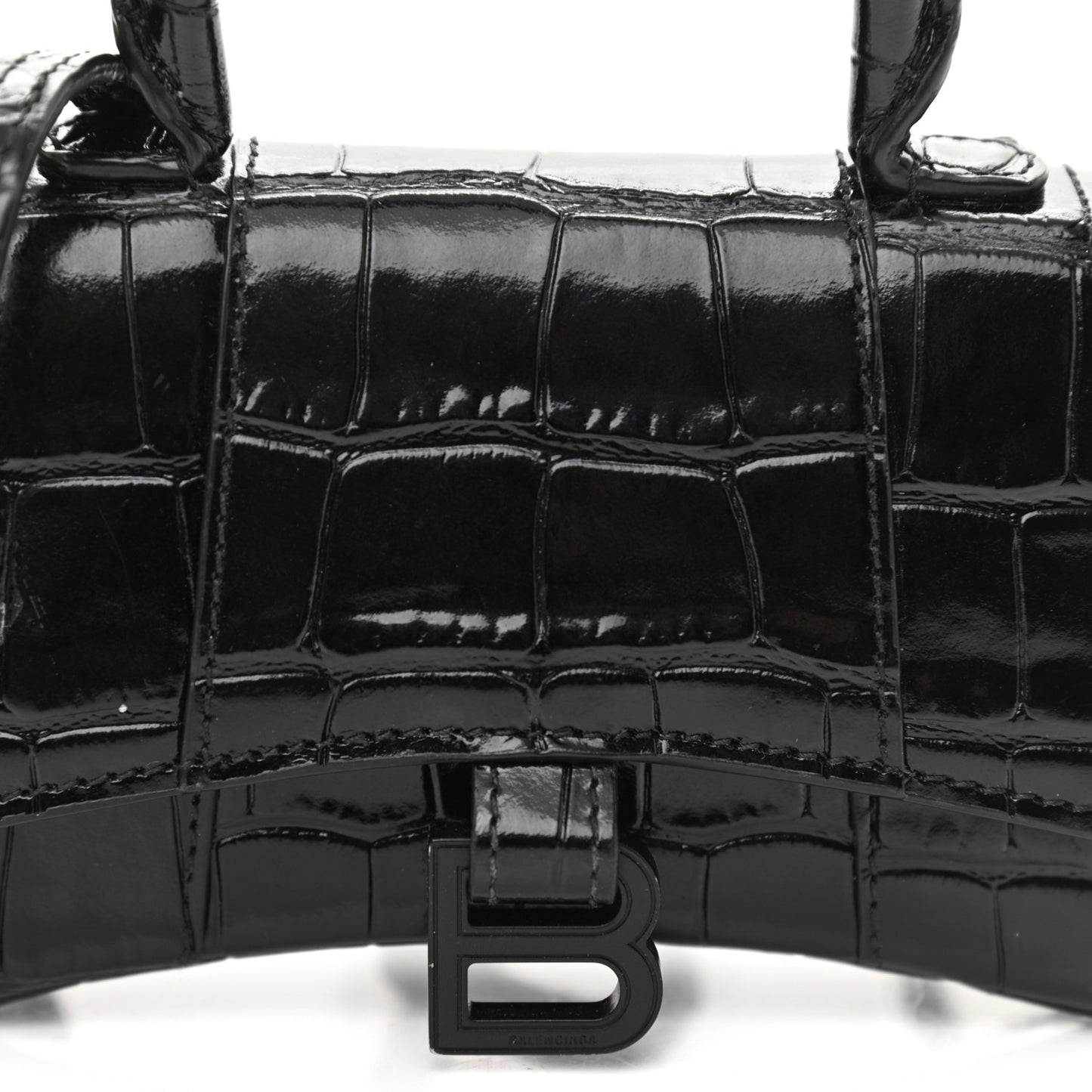 Shiny Calfskin Monochrome Crocodile Embossed Hourglass Top Handle Bag Mini Black