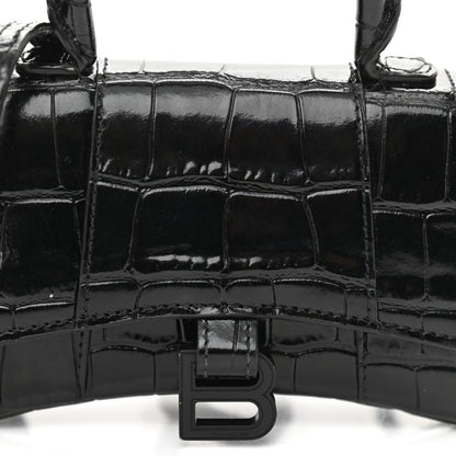 Balenciaga Shiny Calfskin Monochrome Crocodile Embossed Hourglass Top Handle Bag Mini Black 7 of 13