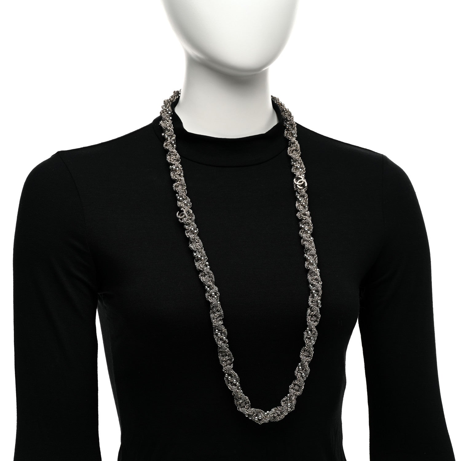 Chanel Multi Chain Braided Pearl Long Necklace Silver 2 of 5