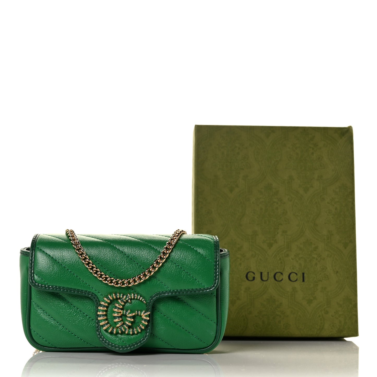 Azalea Calfskin Enamel Matelasse Diagonal Super Mini Torchon GG Marmont Shoulder Bag New Shamarock Emerald