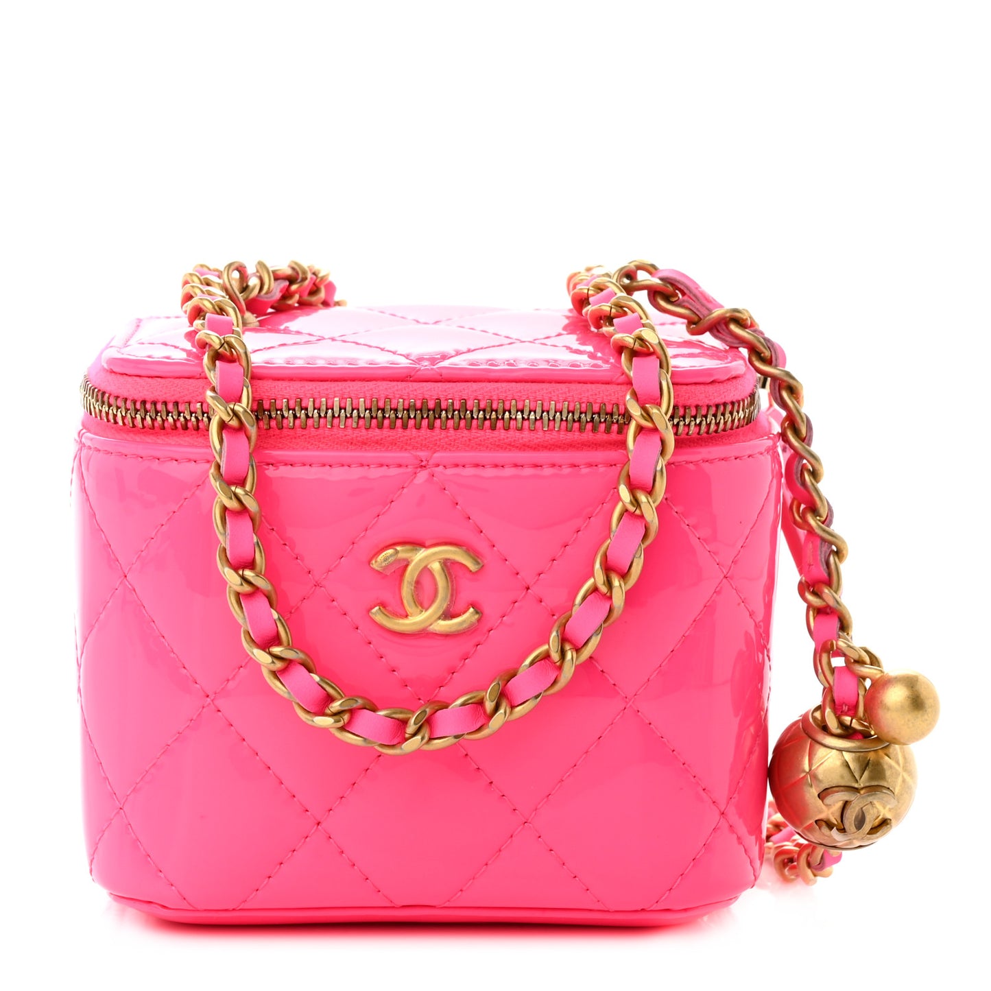 Patent Quilted Pearl Crush Mini Vanity Case With Chain Neon Pink