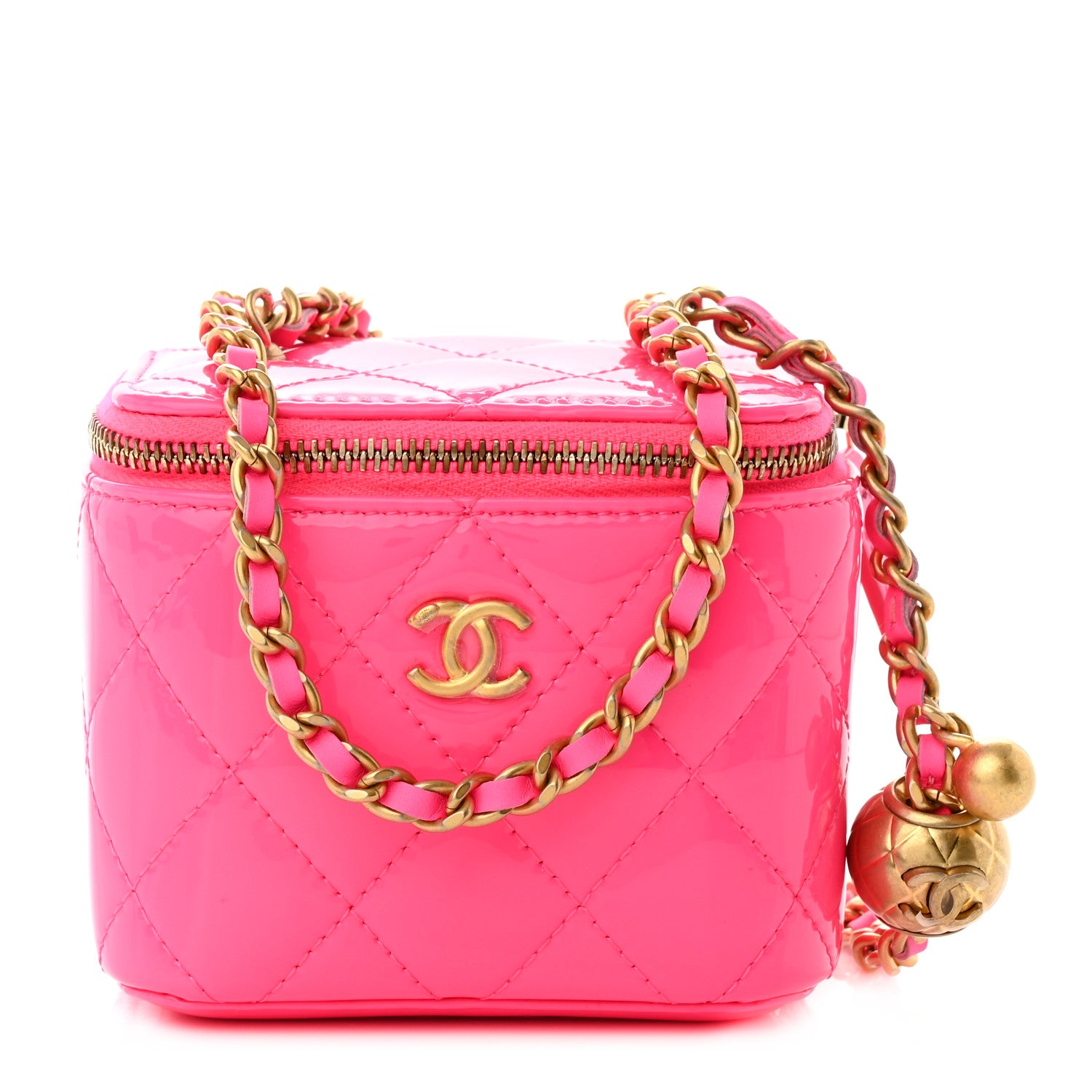 Chanel Patent Quilted Pearl Crush Mini Vanity Case With Chain Neon Pink 1 of 12