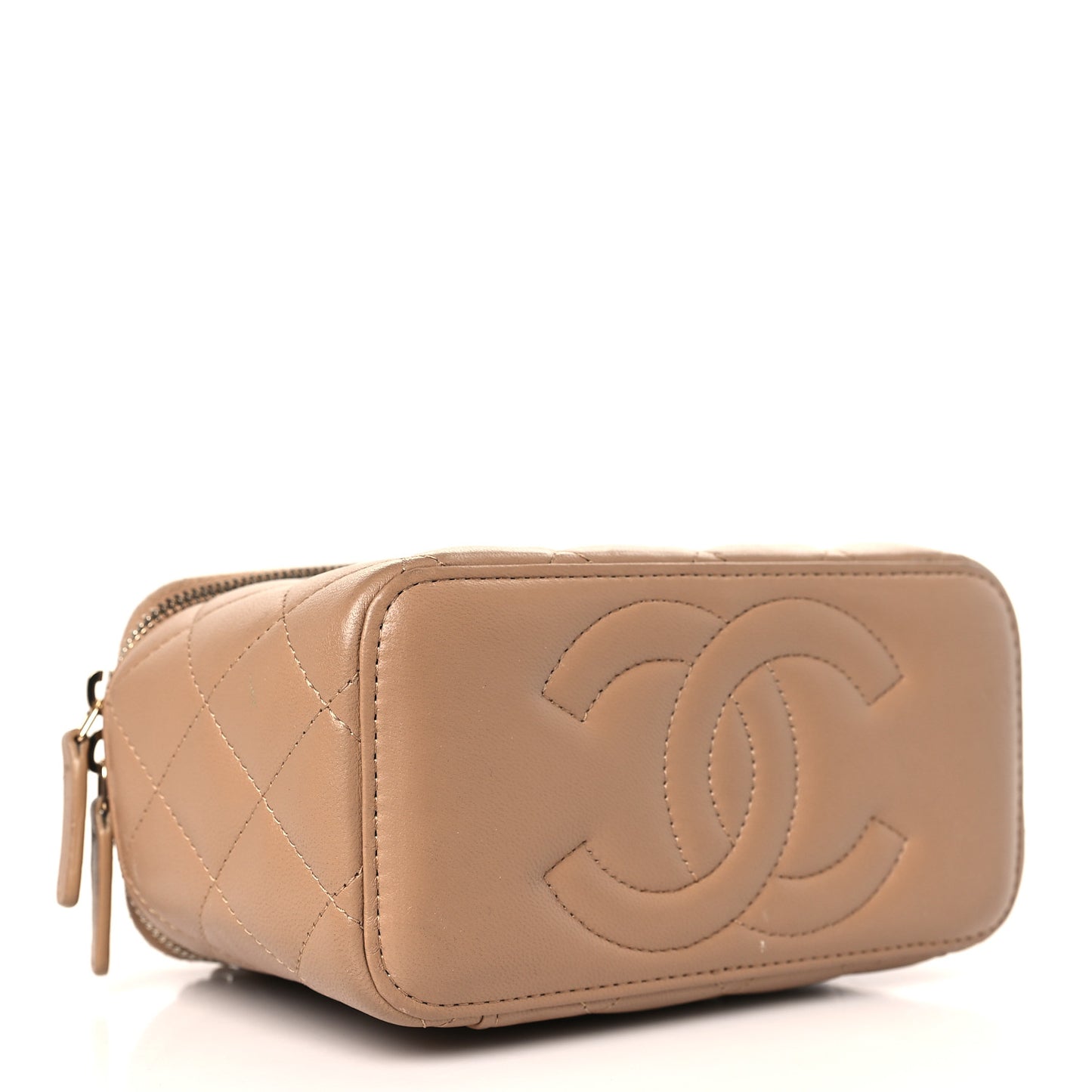Lambskin Quilted Metal Small Top Handle Vanity Case With Chain Beige