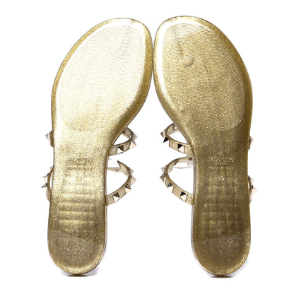 Valentino Garavani PVC Jelly Glitter Rockstud Caged Flat Thong Sandals 39 Oro 5 of 6