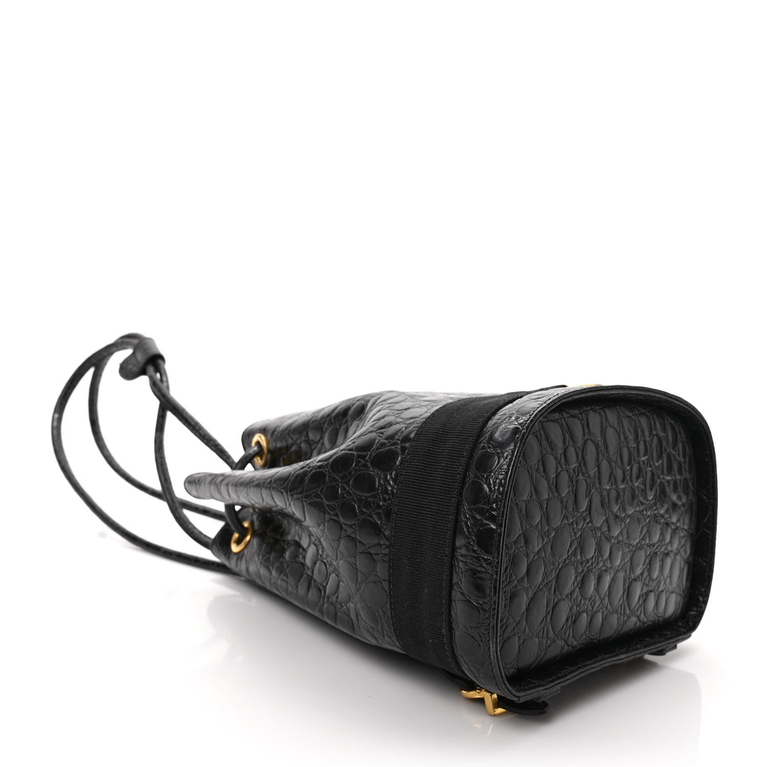 Salvatore Ferragamo Calfskin Crocodile Embossed Vara Bow Bucket Bag Black 4 of 8