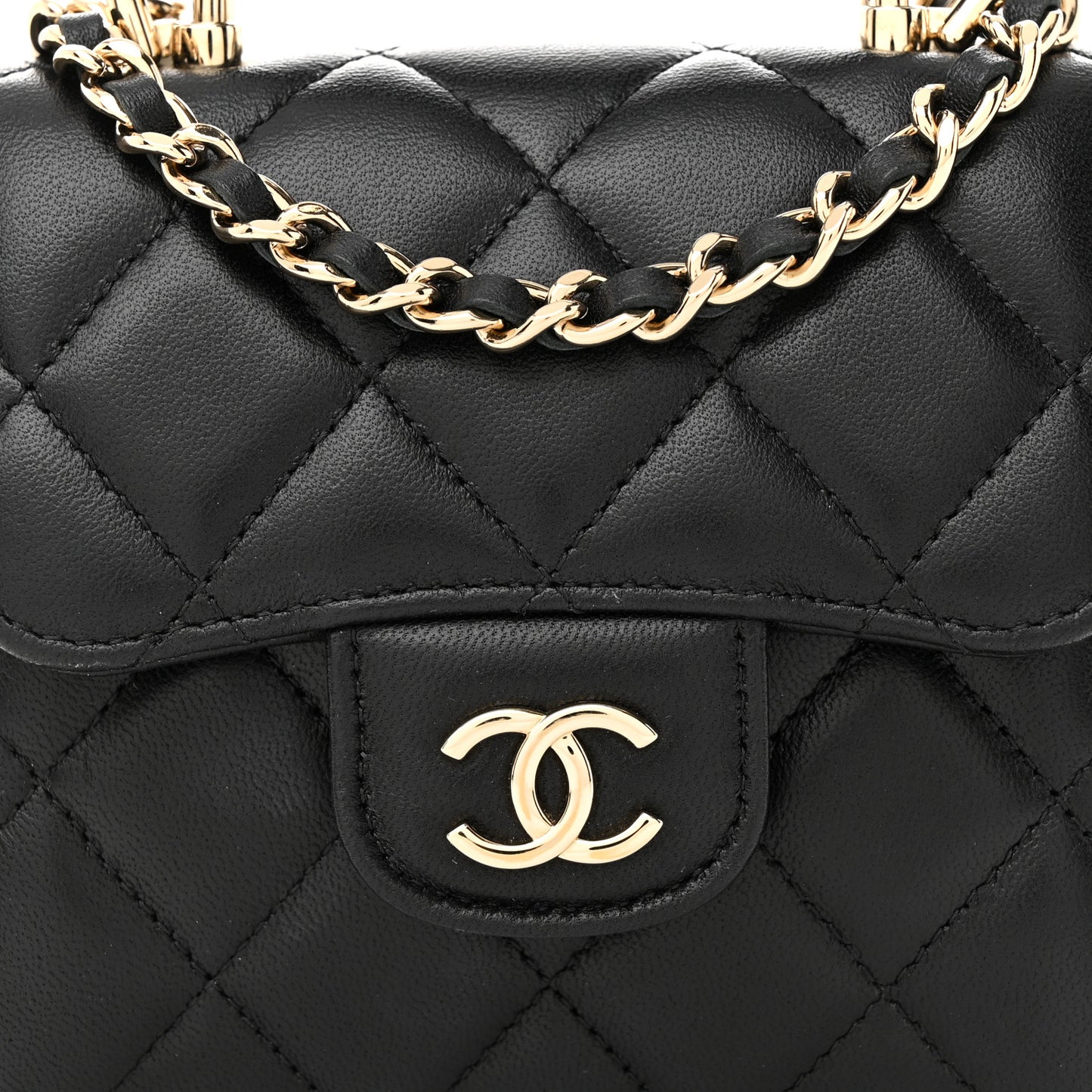 Lambskin Quilted Top Handle Flap Clutch With Chain Black