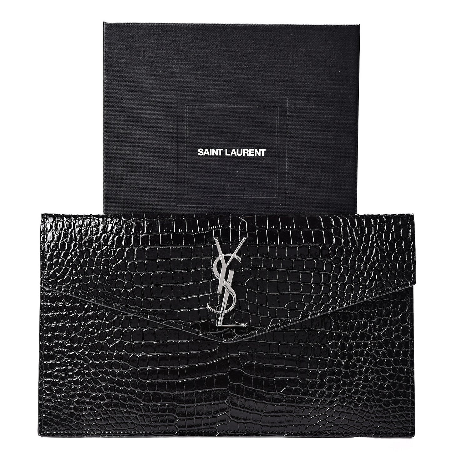 Calfskin Crocodile Embossed Uptown Monogram Clutch Black