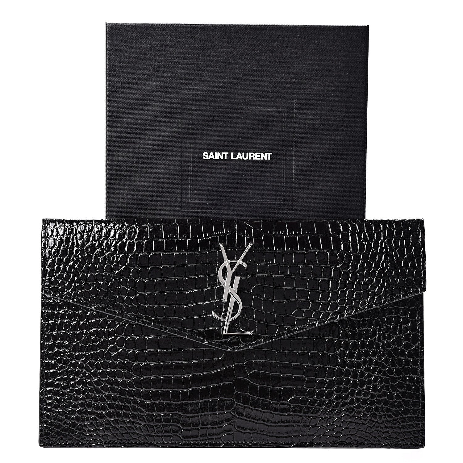 Saint Laurent Calfskin Crocodile Embossed Uptown Monogram Clutch Black 9 of 9