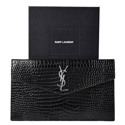Saint Laurent Calfskin Crocodile Embossed Uptown Monogram Clutch Black 9 of 9