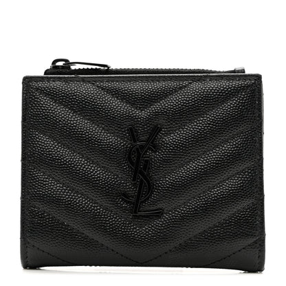 Saint Laurent Grain De Poudre Matelasse Chevron Monogram Zipped Card Case Black 1 of 7