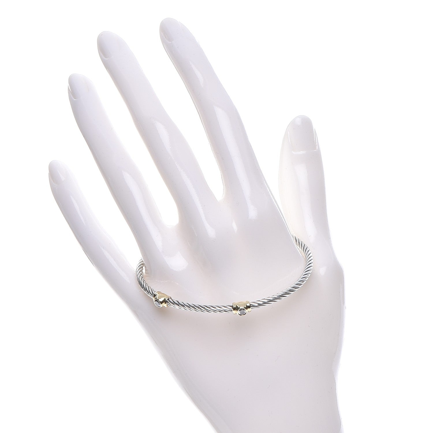 David Yurman Sterling Silver 18K Yellow Gold Diamond 3mm Cable Classics Two Station Bracelet 2 of 8