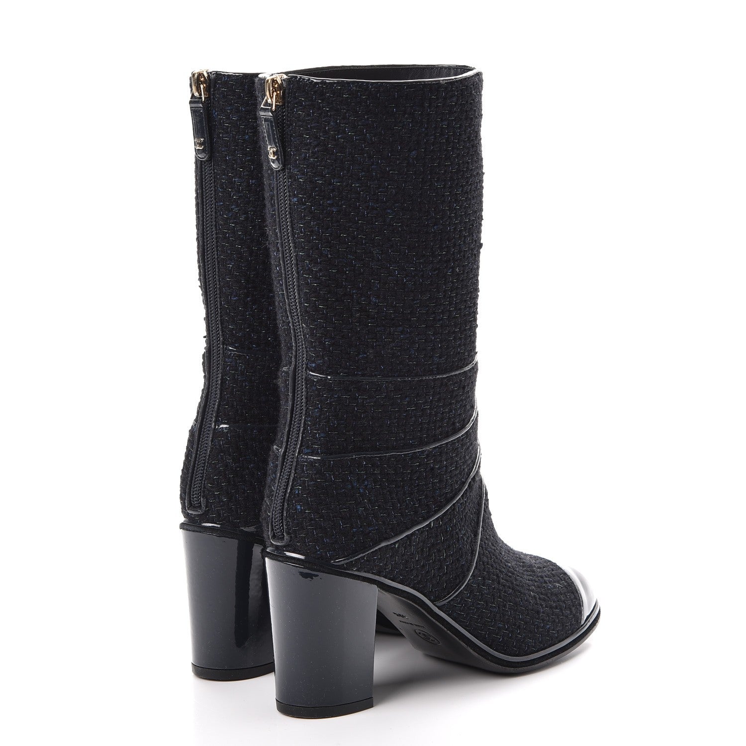 Chanel Tweed Patent Mid Calf Boots 39.5 Navy 4 of 8