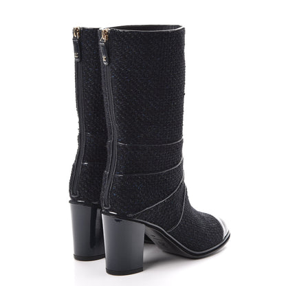 Chanel Tweed Patent Mid Calf Boots 39.5 Navy 4 of 8