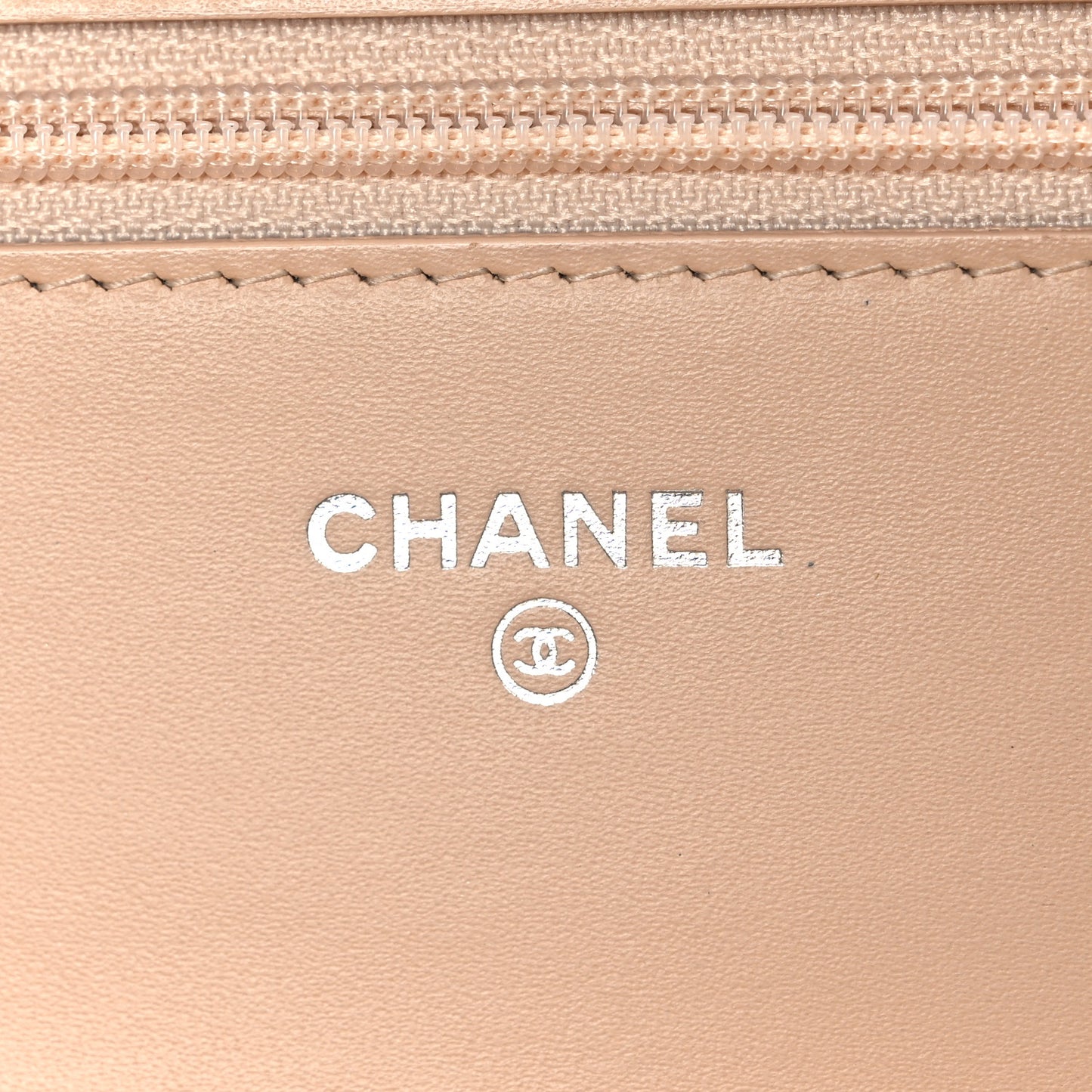 Patent Calfskin Chevron Quilted Wallet On Chain WOC Beige