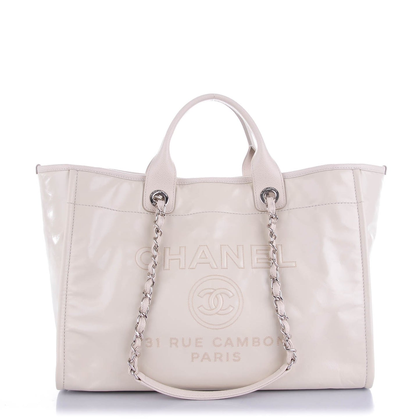 Glazed Calfskin Large Deauville Tote Ivory