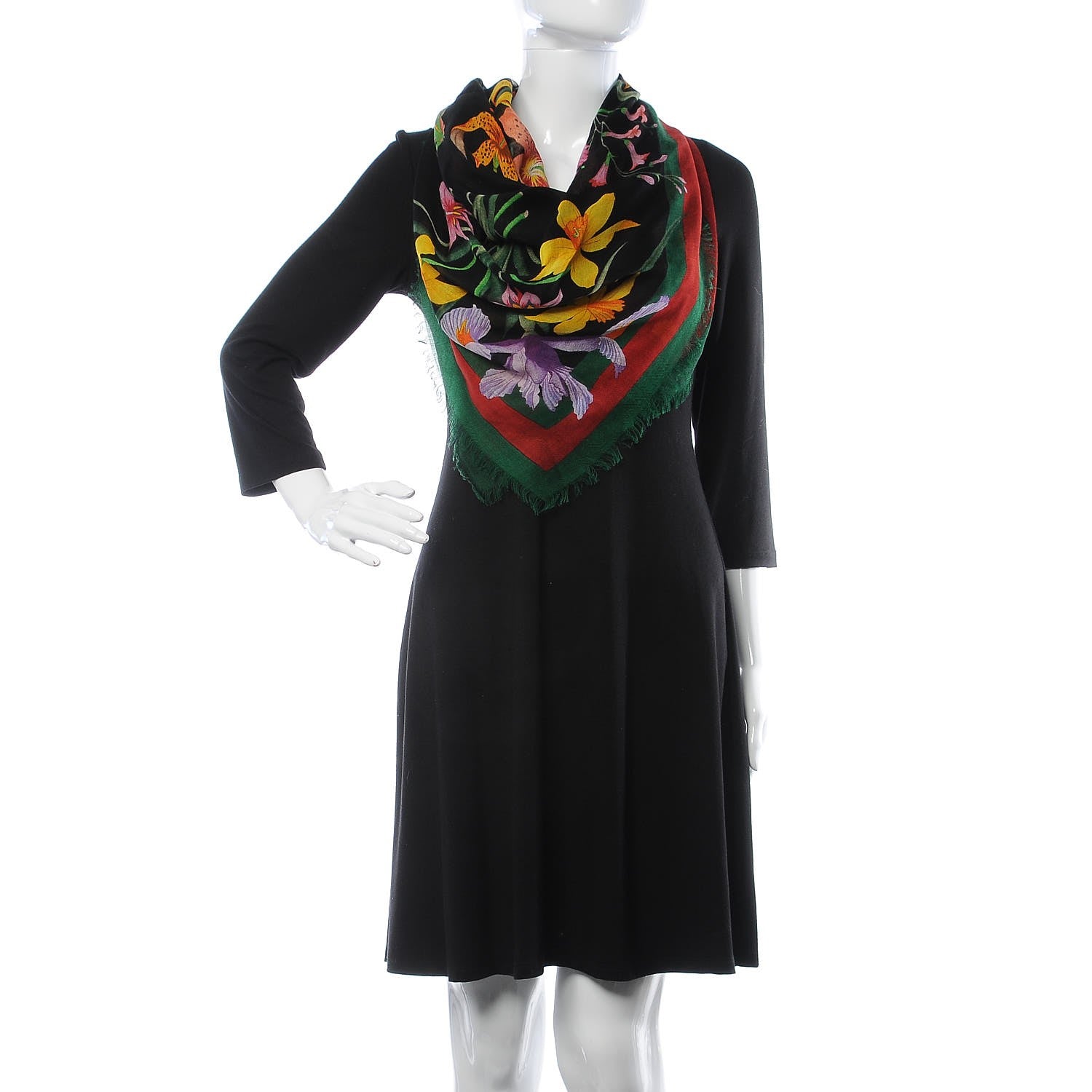 Gucci Wool Silk Floral Web Square Scarf Black Dark Green 2 of 5