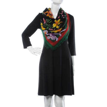 Gucci Wool Silk Floral Web Square Scarf Black Dark Green 2 of 5
