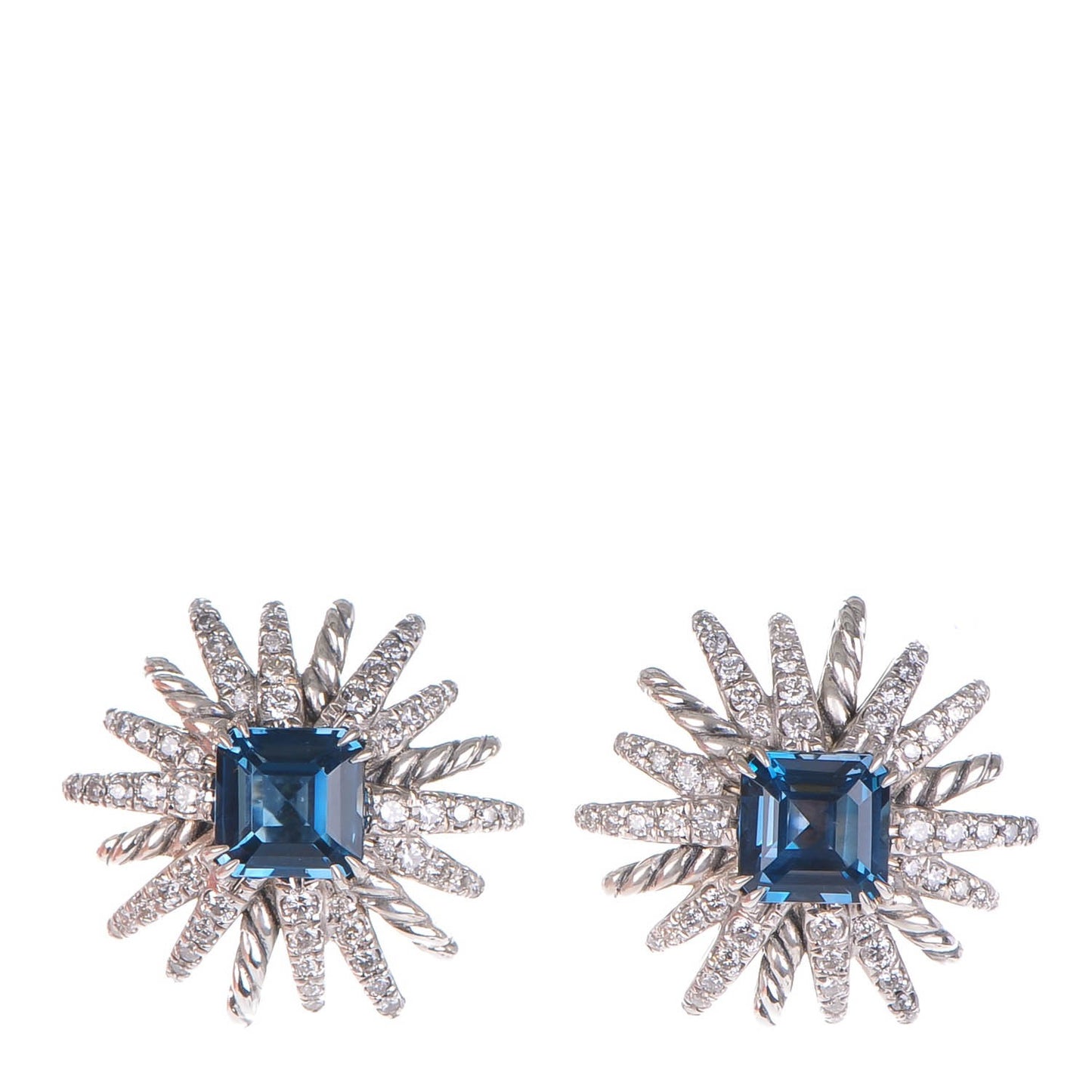 Sterling Silver Pave Diamond Blue Topaz 19mm Starburst Stud Earrings