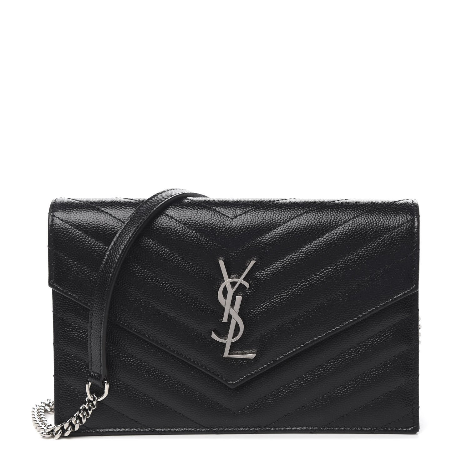 Grain De Poudre Matelasse Chevron Monogram Envelope Chain Wallet Black