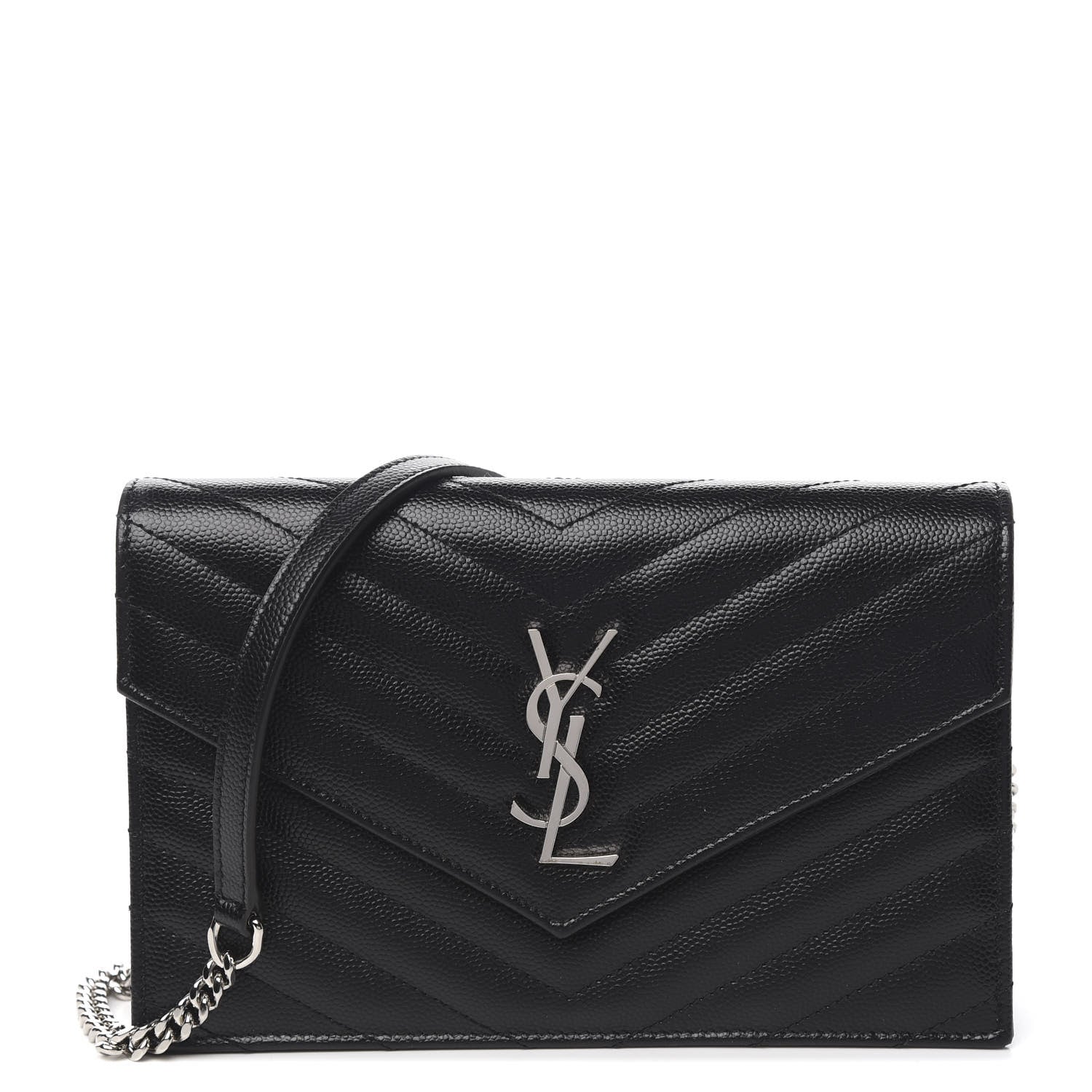 Saint Laurent Grain De Poudre Matelasse Chevron Monogram Envelope Chain Wallet Black 1 of 11