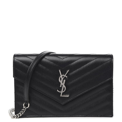 Saint Laurent Grain De Poudre Matelasse Chevron Monogram Envelope Chain Wallet Black 1 of 11