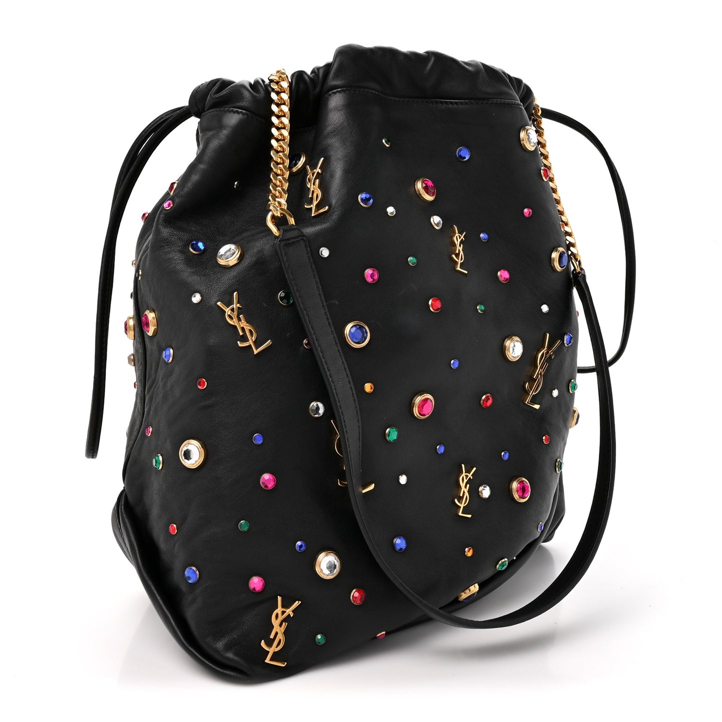 Lambskin Charm Studded Teddy Drawstring Bag Black
