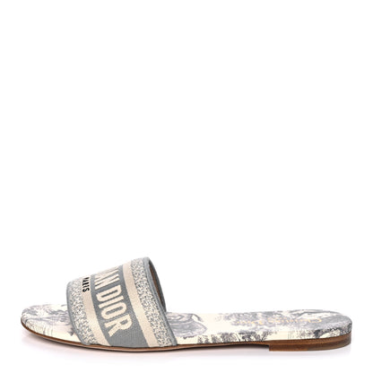 Christian Dior Canvas Toile de Jouy Embroidered Dway Flat Slide Sandals 37.5 Light Grey 1 of 9