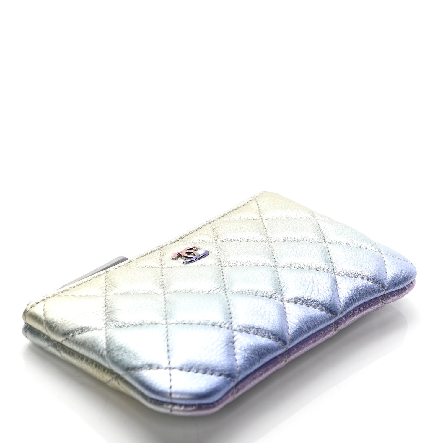 Chanel Gradient Metallic Calfskin Quilted Small Cosmetic Pouch Silver Blue Yellow Purple 4 of 7