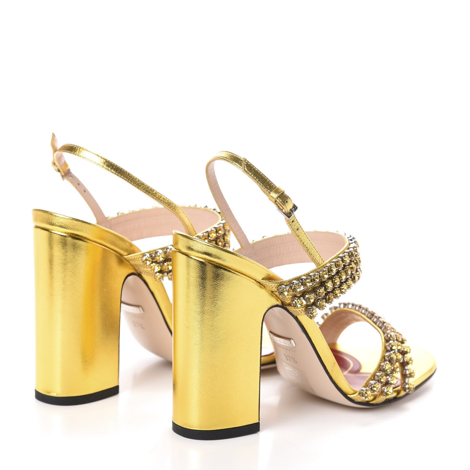 Gucci Nappa Silk Crystal Bertie High Heel Sandals 37.5 Gold 4 of 7