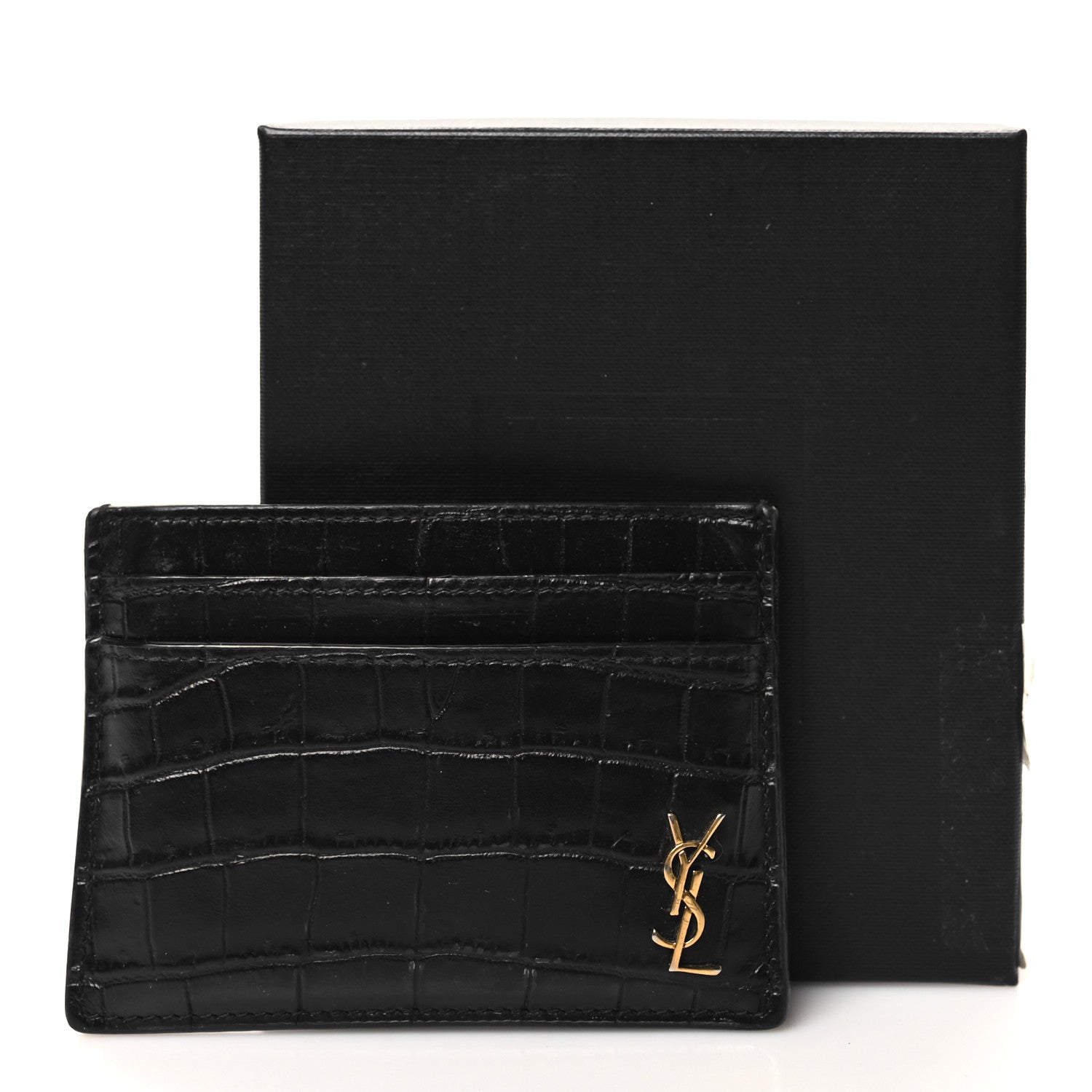 Saint Laurent Calfskin Crocodile Embossed Monogram Tiny Cassandra Credit Card Case Black 10 of 10