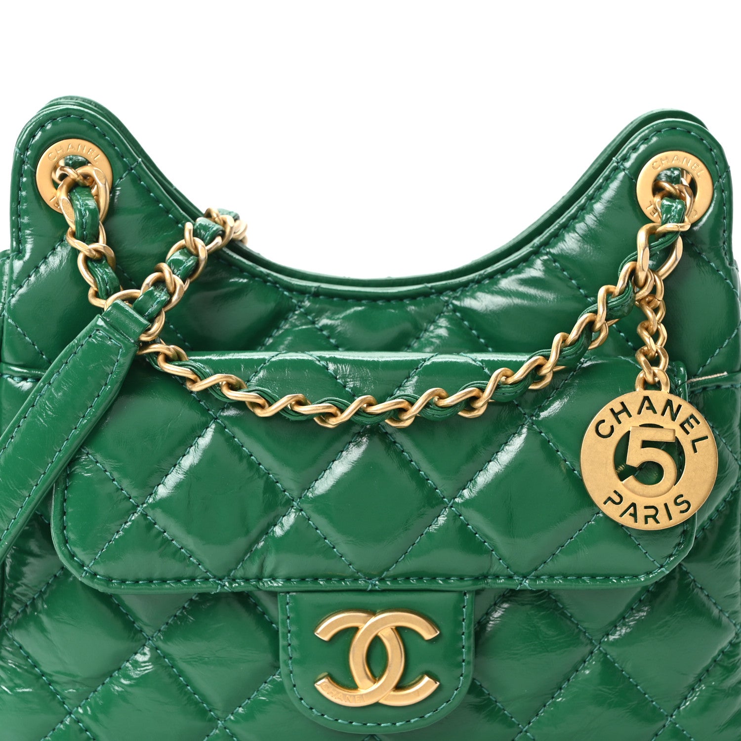 Chanel Shiny Crumpled Calfskin Quilted Small Wavy CC Hobo Green