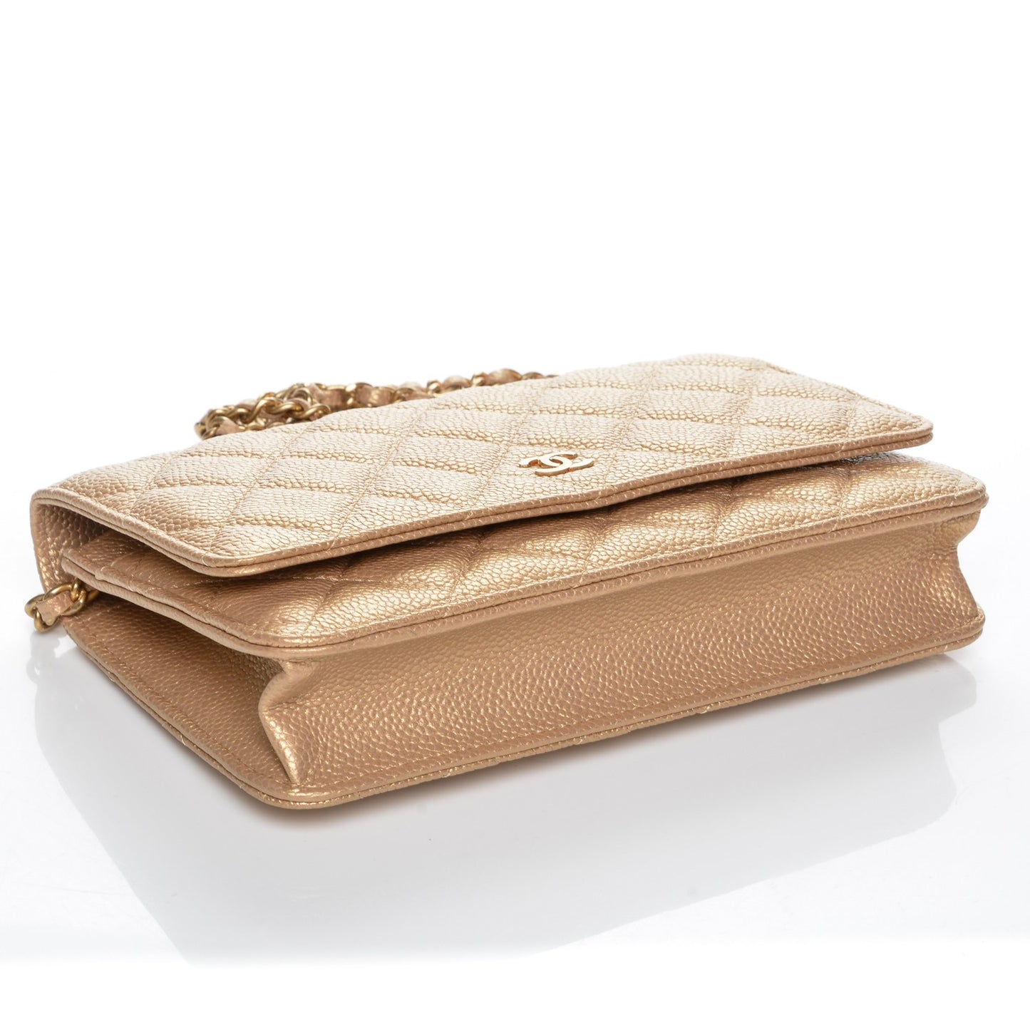Pearly Caviar Quilted Wallet On Chain WOC Gold