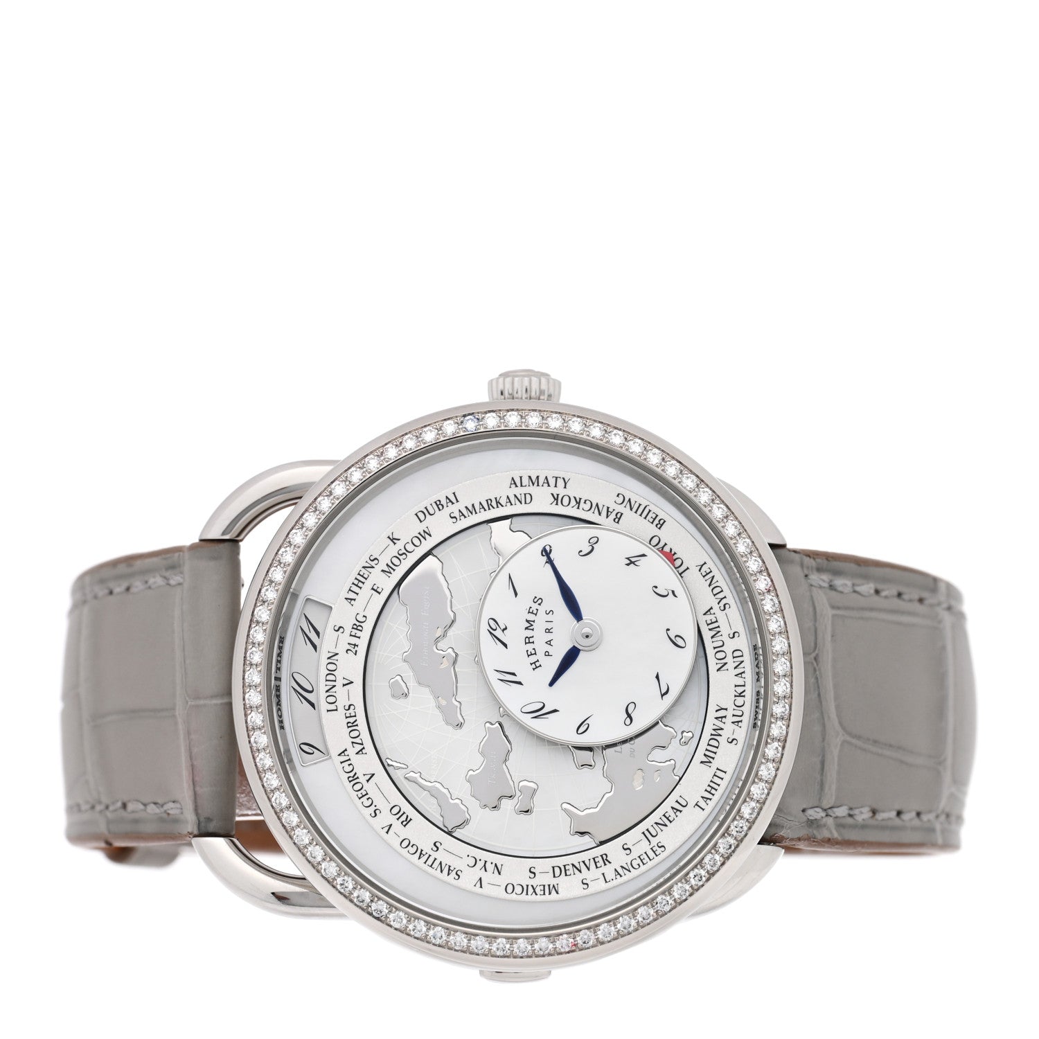 Hermes Stainless Steel Alligator Diamond Bezel Mother of Pearl 38mm Arceau Le Temps Voyageur Automatic Watch Gris Perle 2 of 5