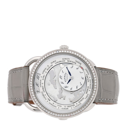Hermes Stainless Steel Alligator Diamond Bezel Mother of Pearl 38mm Arceau Le Temps Voyageur Automatic Watch Gris Perle 2 of 5