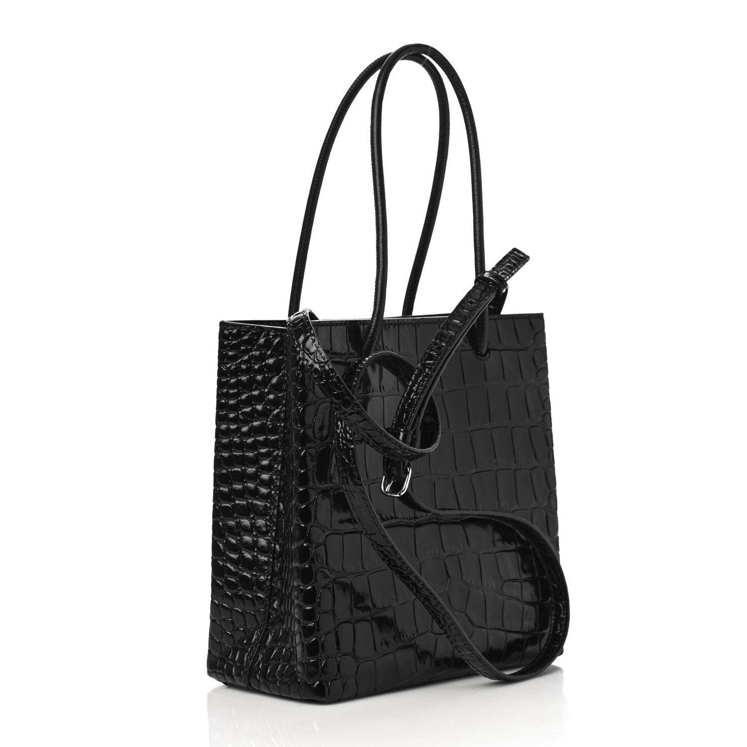Balenciaga Shiny Calfskin Logo Crocodile Embossed North South Shopper Tote XXS Black White 3 of 9