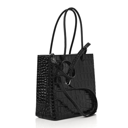 Balenciaga Shiny Calfskin Logo Crocodile Embossed North South Shopper Tote XXS Black White 3 of 9