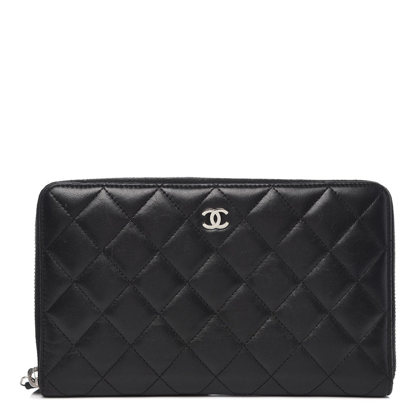 Lambskin Quilted Large Zip Around Organizer Wallet Black