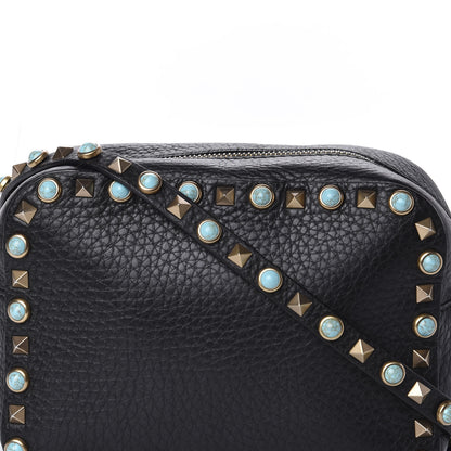 Valentino Garavani Grained Calfskin Turquoise Rockstud Rolling Camera Crossbody Bag Black 9 of 9