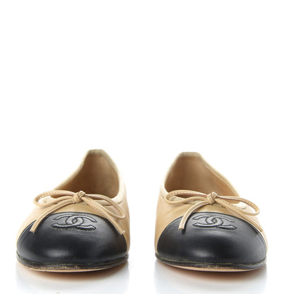 Chanel Lambskin Cap Toe CC Ballerina Flats 36.5 Beige Black 2 of 10