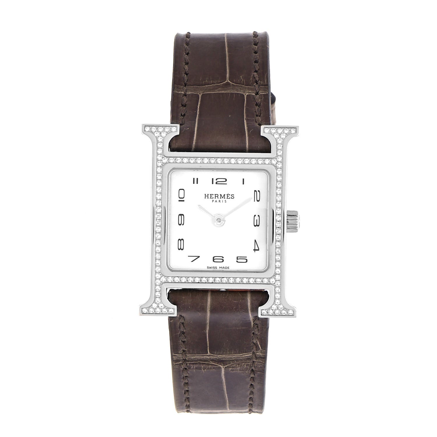 Hermes Stainless Steel Alligator Diamond Bezel Mother of Pearl 21mm Heure H Hour Quartz Watch Gris Elephant 1 of 5