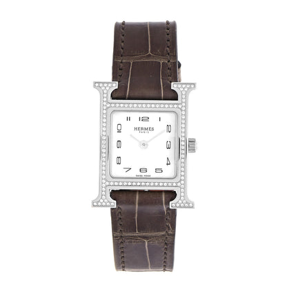 Hermes Stainless Steel Alligator Diamond Bezel Mother of Pearl 21mm Heure H Hour Quartz Watch Gris Elephant 1 of 5