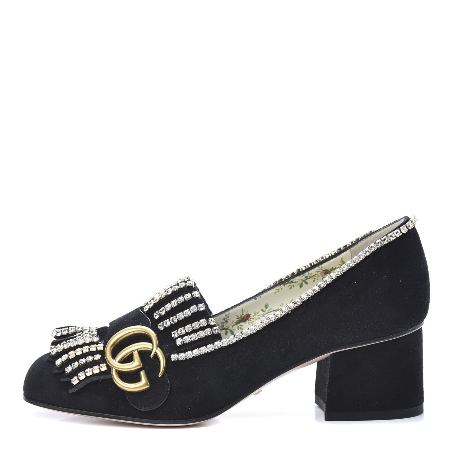 Gucci Kid Scamosciato Crystal GG Marmont Fringe 50mm Loafer Pumps 35.5 Black 1 of 9