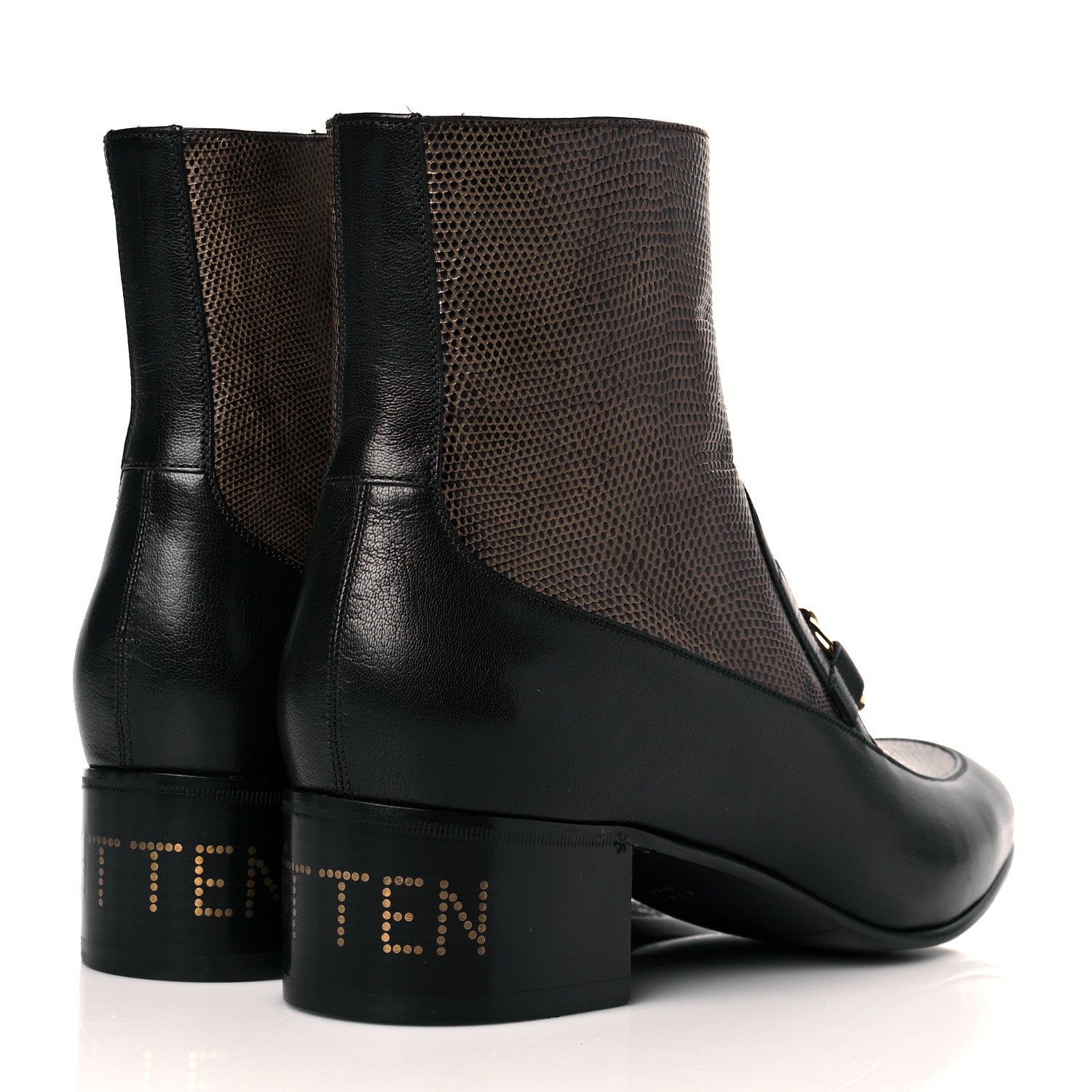 Gucci Goatskin Lizard Mens Kitten Chain Horsebit Ankle Boots 11 Black Antique Grey 4 of 11