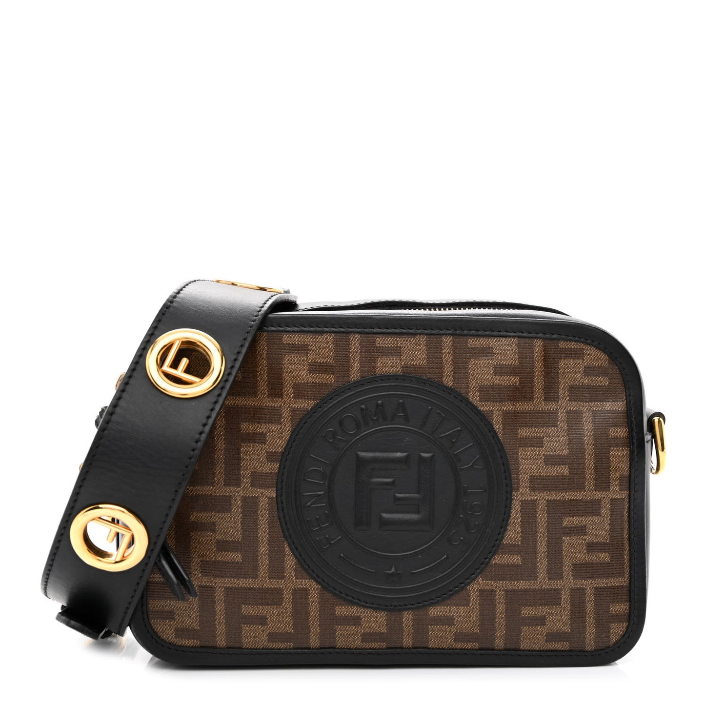 Glazed Fabric Vitello Century F is Fendi FF 1974 Stamp Patch Camera Case Mogano Panna Black