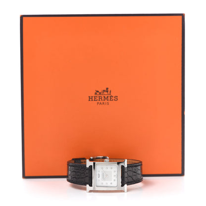Hermes Stainless Steel Alligator Diamond Mother of Pearl 21mm Heure H Hour Quartz Watch Noir 5 of 5