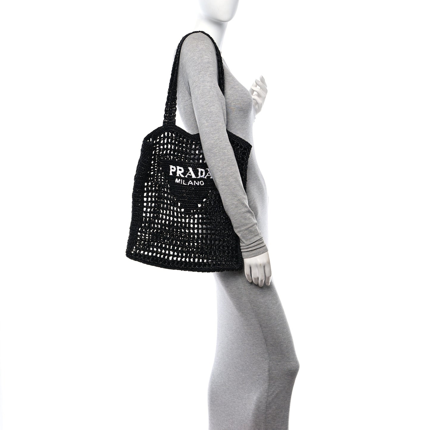 Yarn Raffia Effect Crochet Logo Embroidered Tote Bag Black