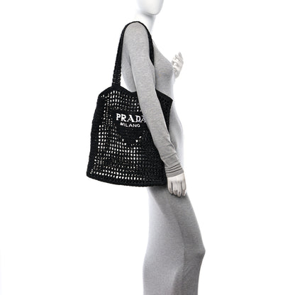 Prada Yarn Raffia Effect Crochet Logo Embroidered Tote Bag Black 2 of 12