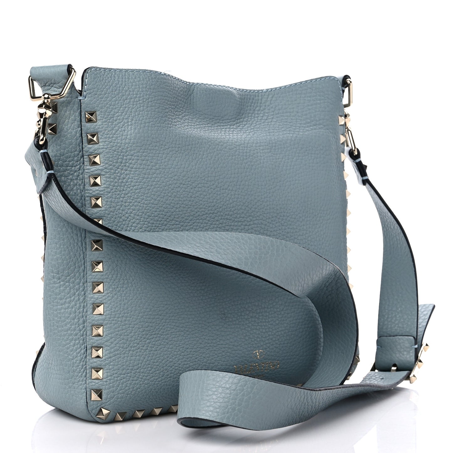 Pebbled Calfskin Small Rockstud Flip-Lock Messenger Bag Light Blue